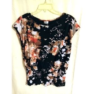 Worthington Black & Orange Floral Bell Sleeve Slimmed Waist Blouse Wms Med